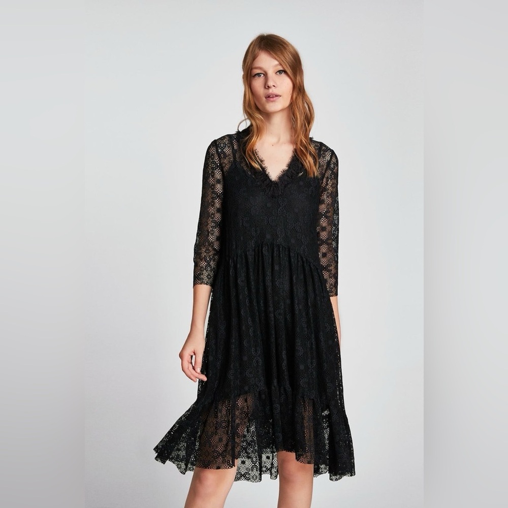 Zara Black 3/4 Sleeve V-Neck Lace Dress - Picture 11 of 16
